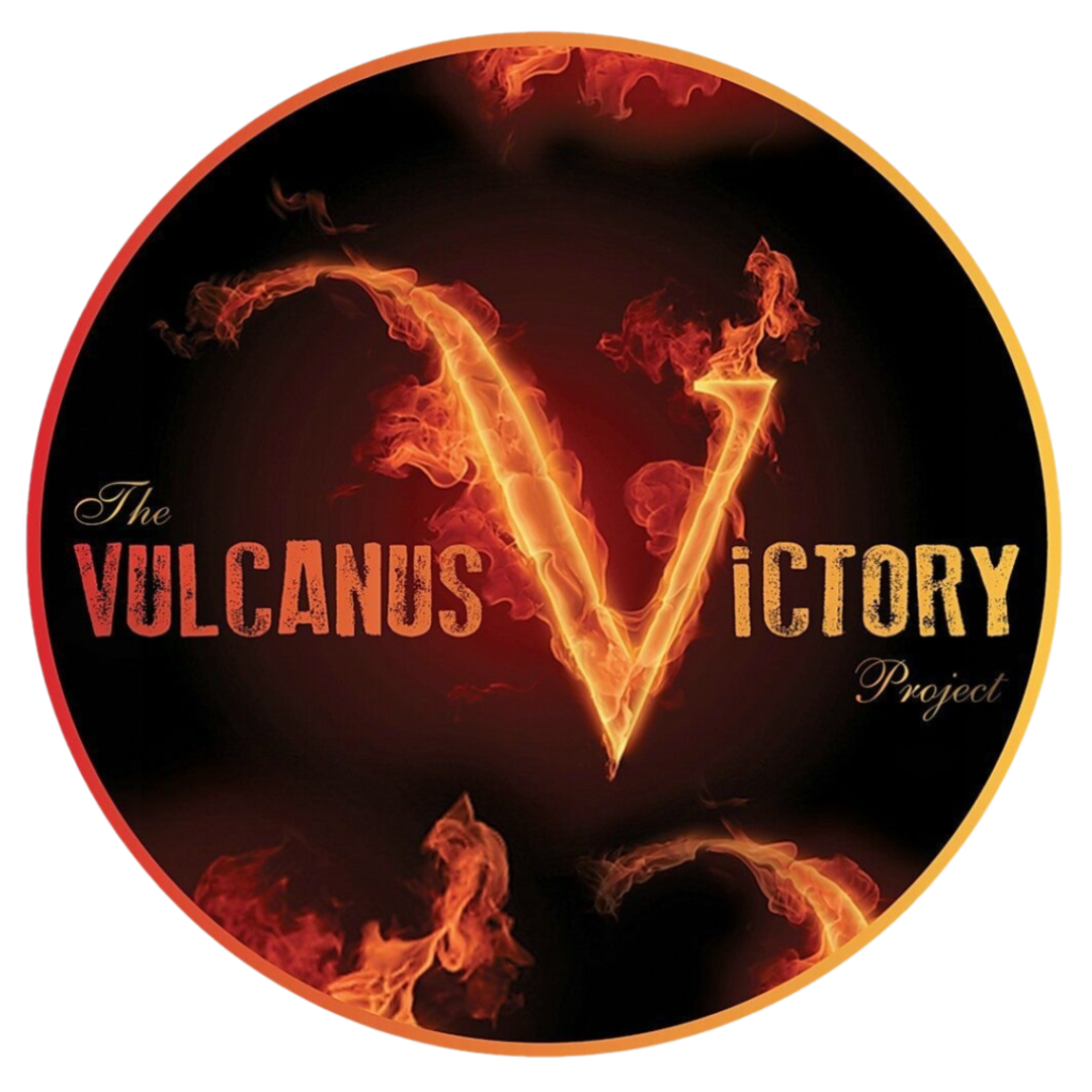 Vulcanus Victory Project logo featuring the letter V in the center, symbolizing the victory of light over darkness and the potential for positive change in the world.